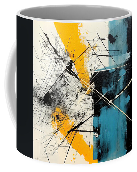 Blue Coffee Mug featuring the painting Blue and Yellow Intersecting Lines by Lourry Legarde