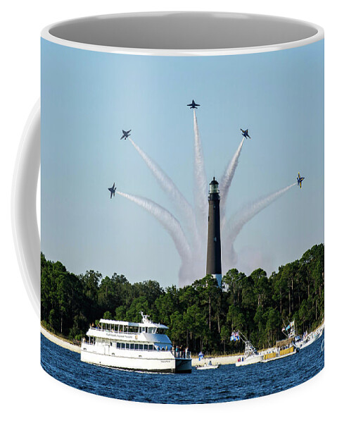 Blue Angels Coffee Mug featuring the photograph Blue Angels over Pensacola Lighthouse by Beachtown Views