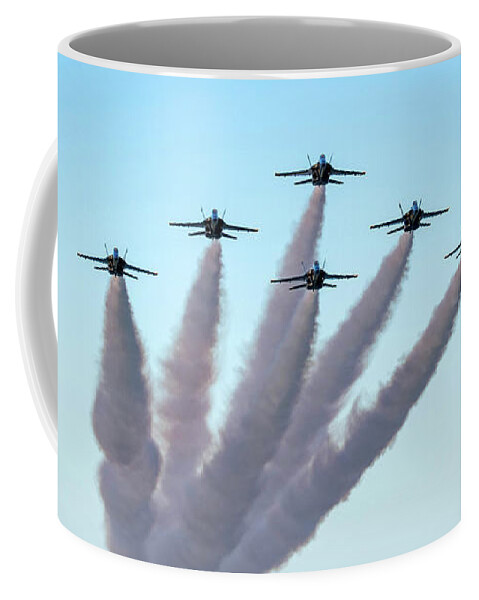 Blue Coffee Mug featuring the photograph Blue Angels Pensacola Beach Fishing Pier Flyover by Beachtown Views