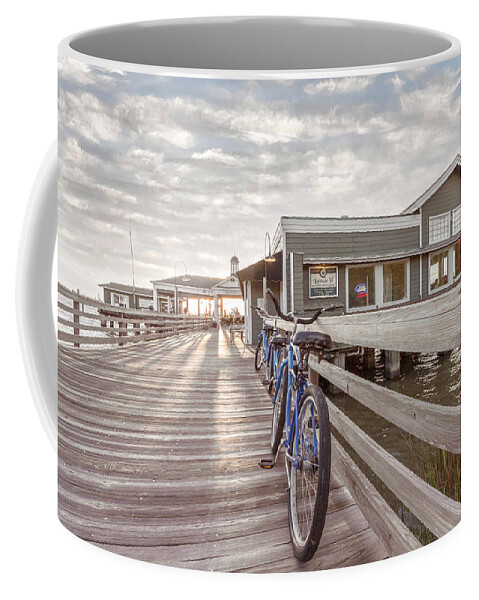 Clouds Coffee Mug featuring the photograph Blue Bicycles on the Jekyll Island Beach Boardwalk Pier by Debra and Dave Vanderlaan