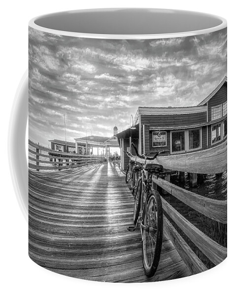 Clouds Coffee Mug featuring the photograph Blue Bicycles on the Jekyll Island Boardwalk Pier Black and Whit by Debra and Dave Vanderlaan