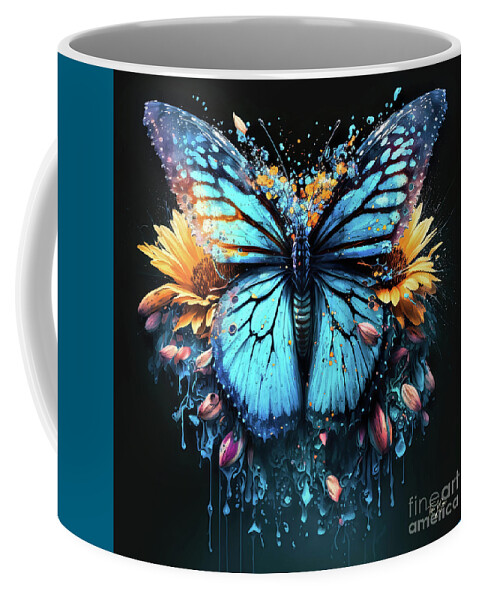 Blue Butterfly Coffee Mug featuring the painting Blue Butterfly Explosion by Tina LeCour