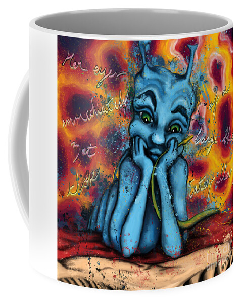 Alice In Wonderland Coffee Mug featuring the painting Blue caterpillar with hookah on mushroom, Alice in Wonderland by Nadia CHEVREL