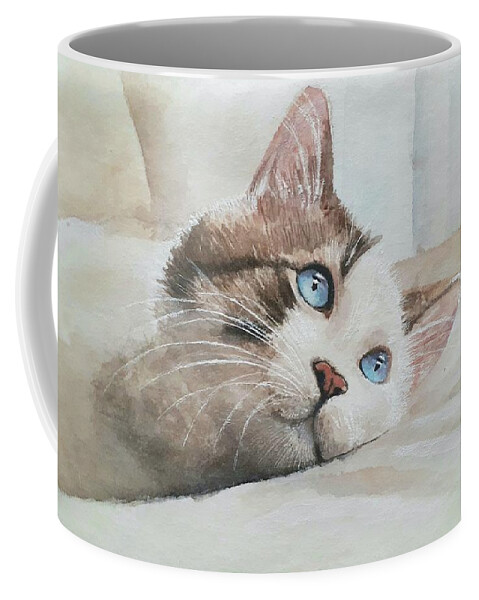 Japanese Paper Coffee Mug featuring the drawing Blue eyed cat by Carolina Prieto Moreno