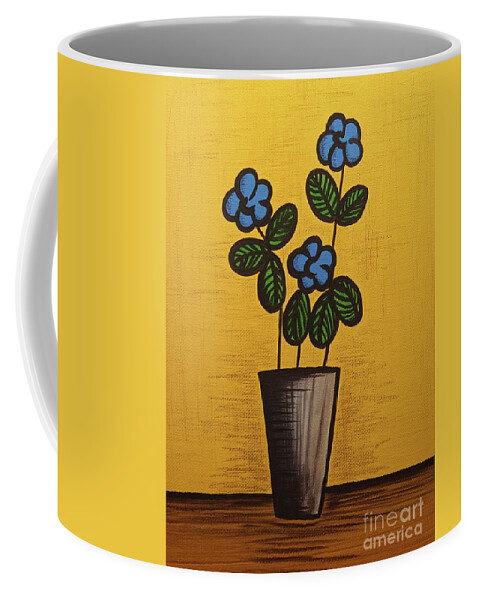 Mid Century Modern Coffee Mug featuring the mixed media Blue Flower Still Life Painting by Donna Mibus