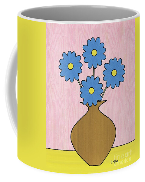 Mid Century Floral Coffee Mug featuring the mixed media Blue Flowers in Brown Vase by Donna Mibus