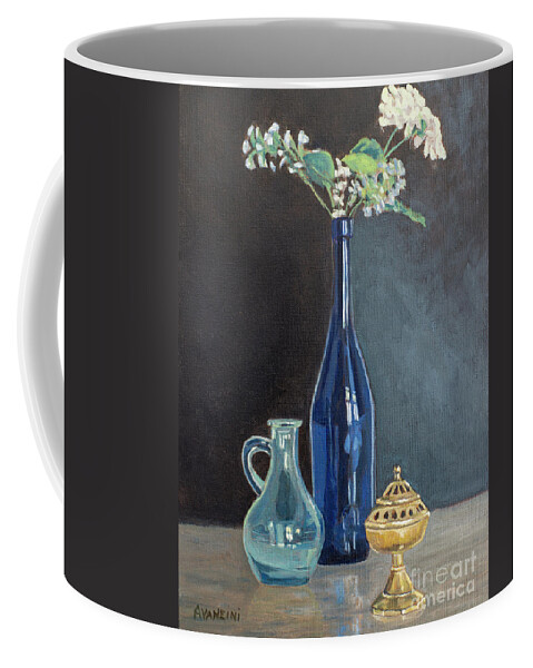 Taste Coffee Mug featuring the painting Blue Glass Wine Bottle with Flowers Water Jug and Censer Still Life by Pablo Avanzini