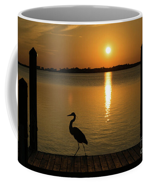 Reflection Coffee Mug featuring the photograph Blue Heron on the Dock at Sunset by Beachtown Views