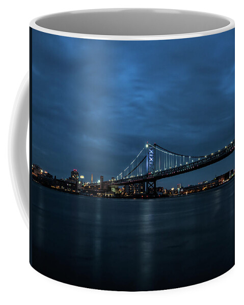 Bridge Coffee Mug featuring the photograph Blue Hour Over The Ben Franklin Bridge by Kristia Adams