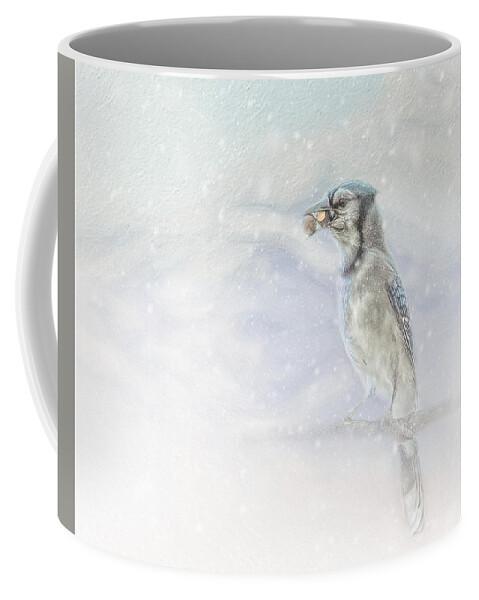 Blue Jay Coffee Mug featuring the photograph Blue Jay With Acorn in Snow by Marjorie Whitley