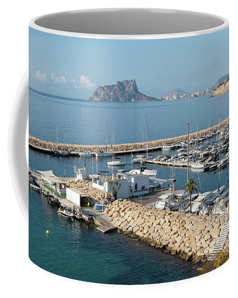 Mediterranean Coast Coffee Mug featuring the photograph Blue Mediterranean Sea and marina in Moraira 1 by Adriana Mueller
