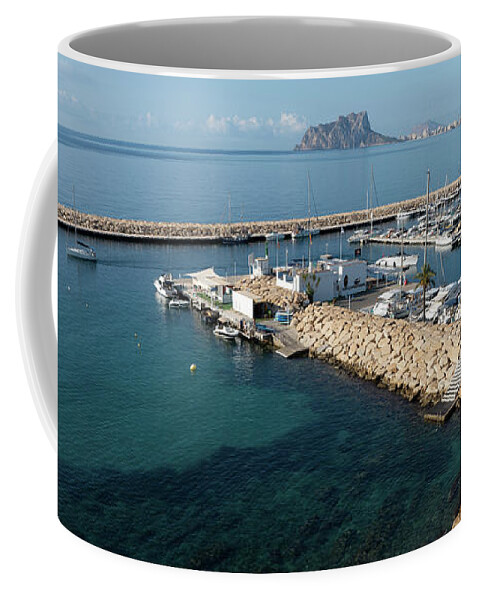 Mediterranean Coast Coffee Mug featuring the photograph Blue Mediterranean Sea and marina in Moraira 2 by Adriana Mueller