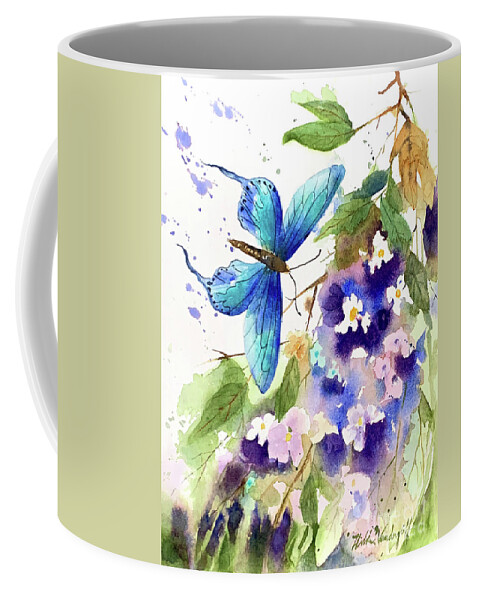 Blue Morpho Coffee Mug featuring the painting Blue Morpho Butterfly by Hilda Vandergriff