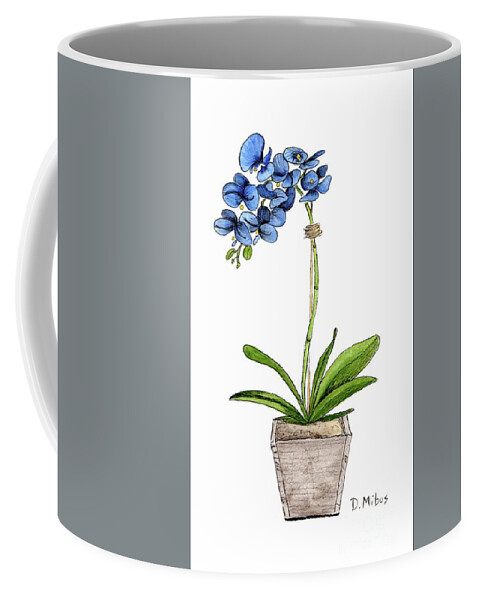 Blue Mystique Orchids Coffee Mug featuring the painting Blue Mystique Orchids in Wood Planter by Donna Mibus