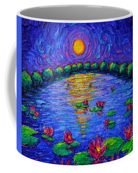 Waterlilies Coffee Mug featuring the painting BLUE NIGHT MOON ON WATERLILIES LAKE textural impasto palette knife oil painting Ana Maria Edulescu by Ana Maria Edulescu