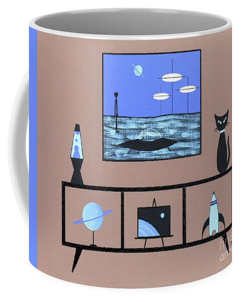 Mid Century Modern Black Cat Coffee Mug featuring the painting Blue Outer Space Room with Black Cat by Donna Mibus
