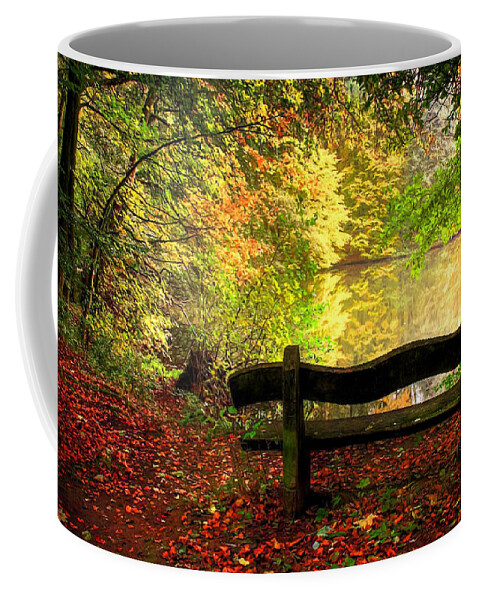 Blue Ridge Coffee Mug featuring the mixed media Blue Ridge Mountains Bench At Lake by Sandi OReilly