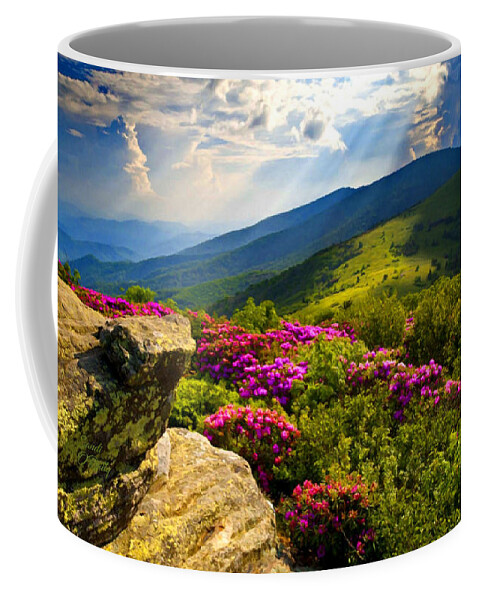 Blue Ridge Parkway Coffee Mug featuring the mixed media Blue Ridge Parkway Catawba Rhododendrons by Sandi OReilly