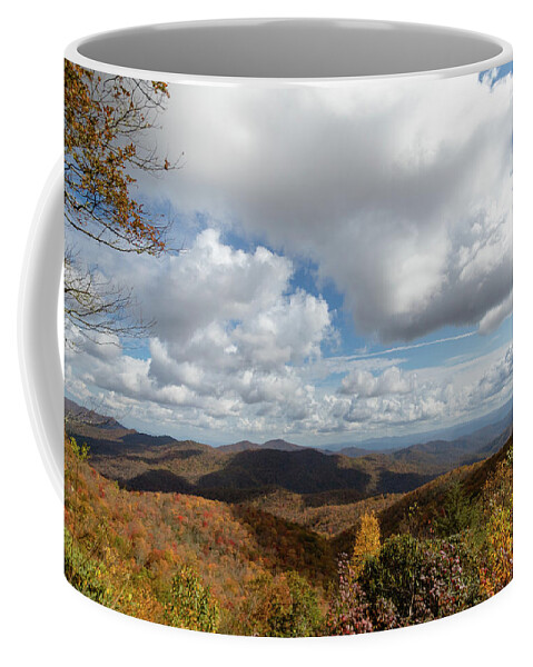 Blue Ridge Parkway Coffee Mug featuring the photograph Blue Sky Clouds and Mountains on the Blue Ridge Parkway by Joni Eskridge