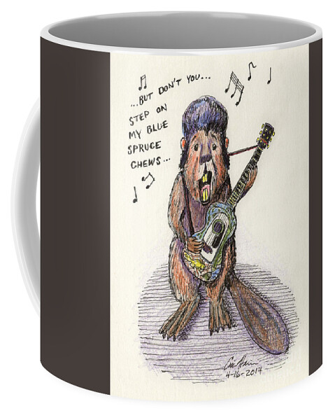 Pun Coffee Mug featuring the drawing Blue Spruce Chews by Eric Haines