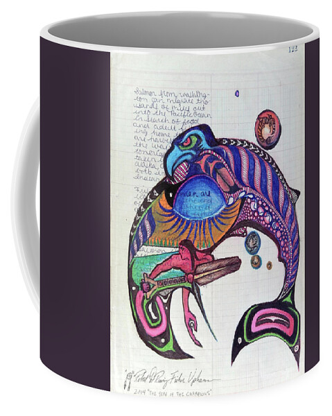 Quinault Nation Coffee Mug featuring the drawing Blueback Salmon by Robert Running Fisher Upham
