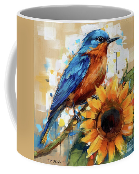 Bluebirds Coffee Mug featuring the mixed media Bluebird Perched Upon The Sunflower by Tina LeCour