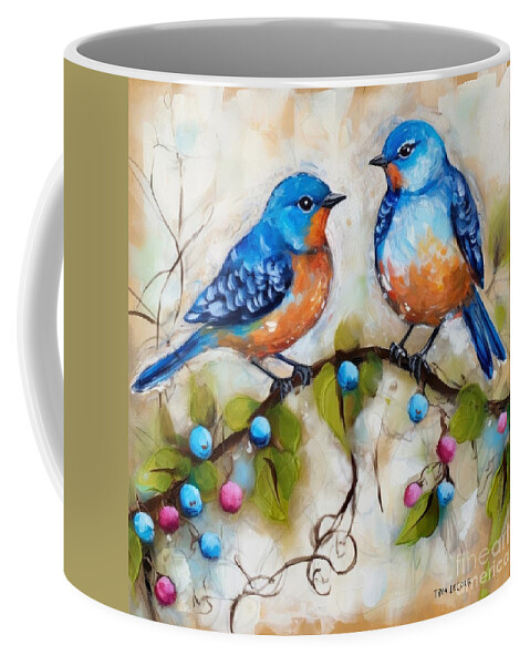 Bluebirds Coffee Mug featuring the painting Bluebirds And Berries by Tina LeCour