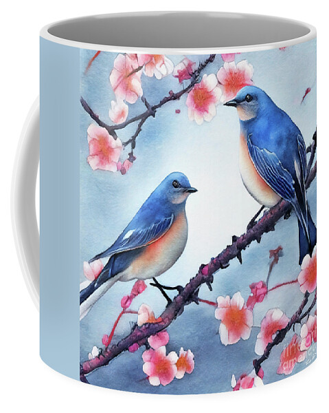 Bluebirds Coffee Mug featuring the painting Bluebirds Perched In The Blossoms by Tina LeCour