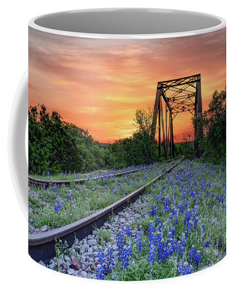 Texas Coffee Mug featuring the photograph Bluebonnet Railroad Track Sunrise  by Bee Creek Photography - Tod and Cynthia