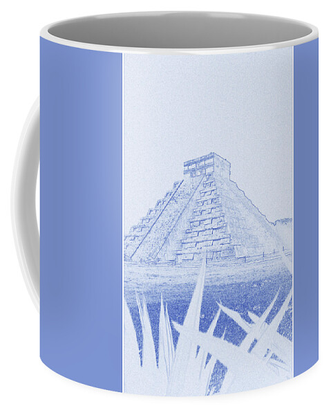 Blueprint Drawing Of Landmark - Chichen Itza By Ahmet Asar Coffee Mug featuring the painting Blueprint Drawing of Landmark - Chichen Itza by Celestial Images