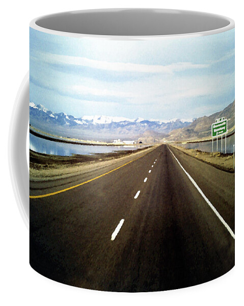 Bonneville Coffee Mug featuring the digital art Bonneville Speedway 2 Miles to go, Exit 4 straight ahead by Peter Kraaibeek