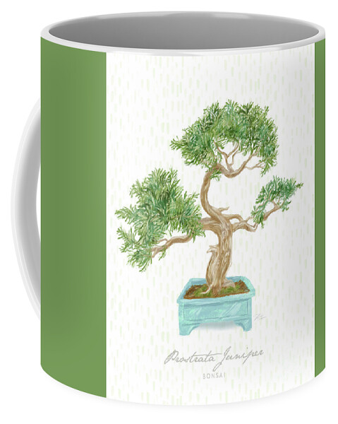 Bonsai Coffee Mug featuring the mixed media Bonsai Trees - Prostrata Juniper by Shari Warren