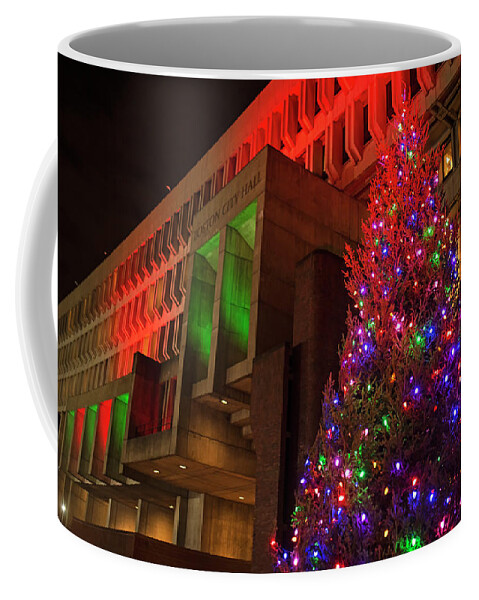 Boston Coffee Mug featuring the photograph Boston City Hall Plaza Christmas Tree City Hall lit up in Green and Red by Toby McGuire