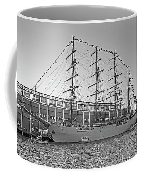 Boston Coffee Mug featuring the photograph Boston Tall Ship Seaport Waterfront at Sunset Boston MA Black and White by Toby McGuire