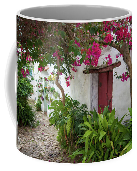 Spain Coffee Mug featuring the digital art Bougainvillea Flowers on the street of Spain by Naomi Maya