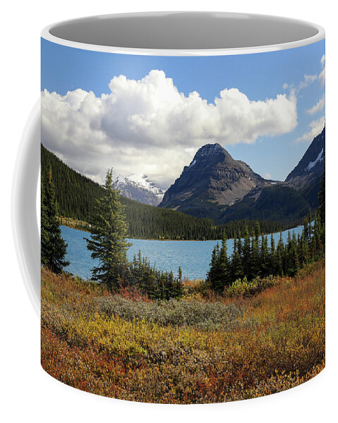 Autumn Colors In The Canadian Rockies Coffee Mug featuring the photograph Bow Lake In Autumn Landscape by Dan Sproul