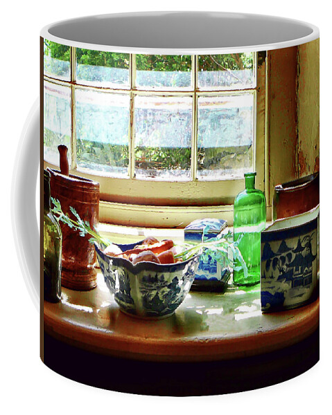 Bottles Coffee Mug featuring the photograph Bowl of Vegetables and Green Bottle by Susan Savad