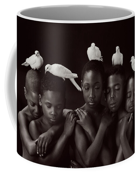 Black & White Coffee Mug featuring the photograph Boys and Doves by Anne Geddes