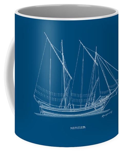 Nautical Decor Coffee Mug featuring the drawing Bratsera - traditional Greek sailing boat - Blueprint by Panagiotis Mastrantonis