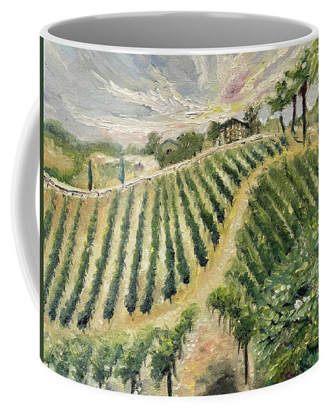 Vineyard Coffee Mug featuring the painting Brendas View at Lorenzi Estate Winery in Temecula by Roxy Rich