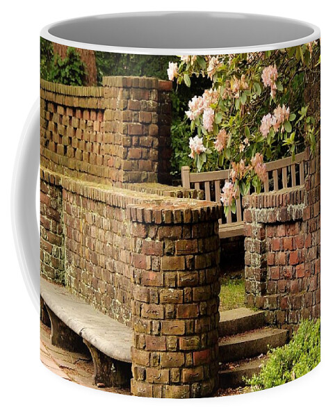 Brick Wall Bench Stairs Flowers Coffee Mug featuring the photograph Brick Walls1 by John Linnemeyer