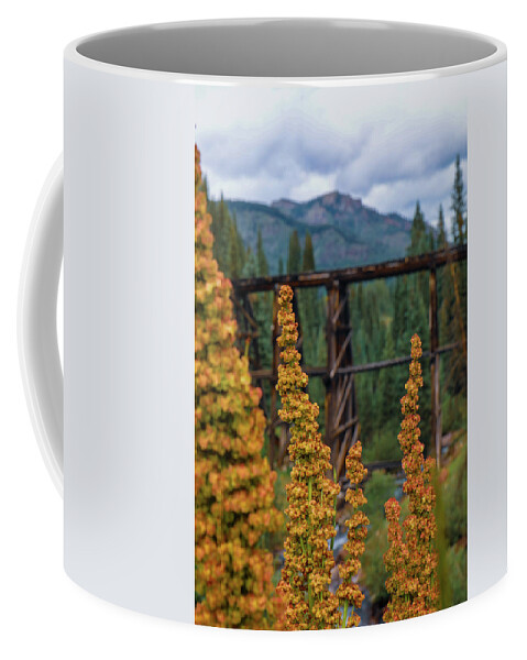 Mountain Coffee Mug featuring the photograph Bridge in the Background by Go and Flow Photos