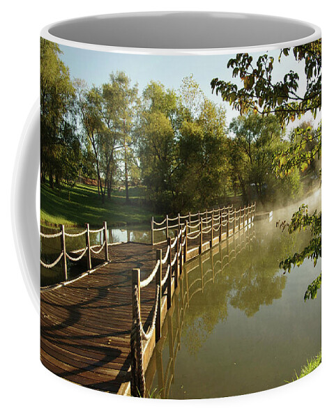 Foot Bridge Coffee Mug featuring the photograph Bridge over a pond at sunrise by Jim Mathis