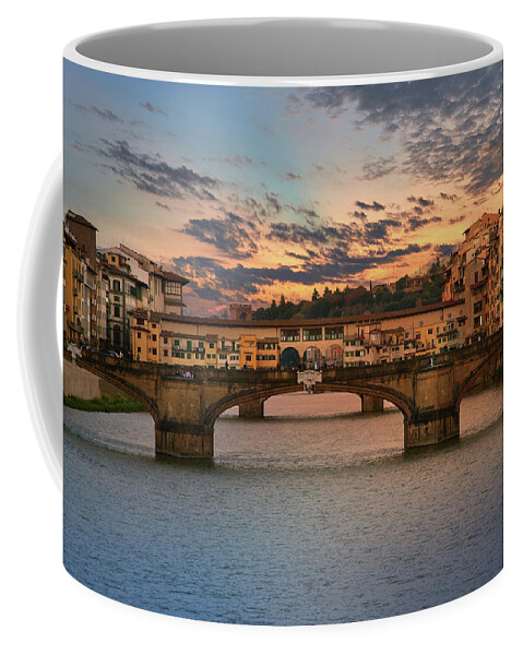 Florence Coffee Mug featuring the photograph Bridges of Arno River at Sunset in Florence Italy by Lily Malor