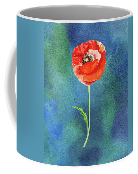 Poppy Coffee Mug featuring the painting Bright Beautiful Red Poppy Flower Happy Wildflower On Blue Watercolor IV by Irina Sztukowski