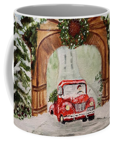 Red Truck Coffee Mug featuring the painting Bringing Home the Tree by Juliette Becker