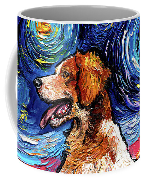 Starry Night Dog Coffee Mug featuring the painting Brittany Spaniel Night by Aja Trier