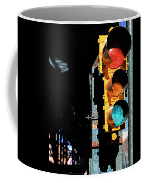 Traffic Signal Coffee Mug featuring the photograph Broadway Traffic Signal under Manhattan Valley 1 Train Viaduct by Steve Ember