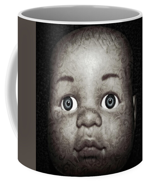 Black And White Coffee Mug featuring the photograph Brocade Doll's Head by Tikvah's Hope