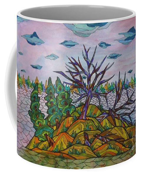 Island Trees Landscape Abstract Yellow Pillow Cushion Mask Ontario Canada Group Of 7 Decor Decrotive Office Coffee Mug featuring the mixed media Broken Tree Island by Bradley Boug